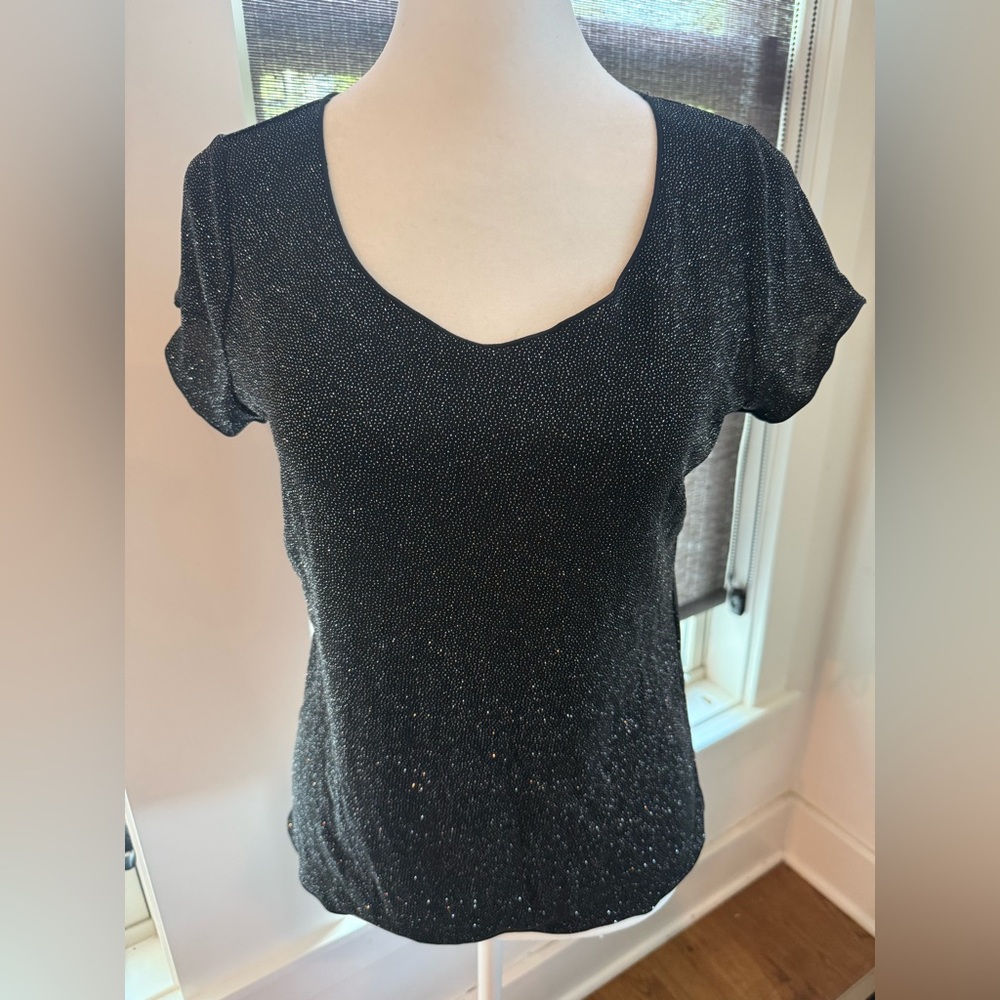 NWT. Armani Collezioni. Black Blouse with Silver Sparkle. Size 4.